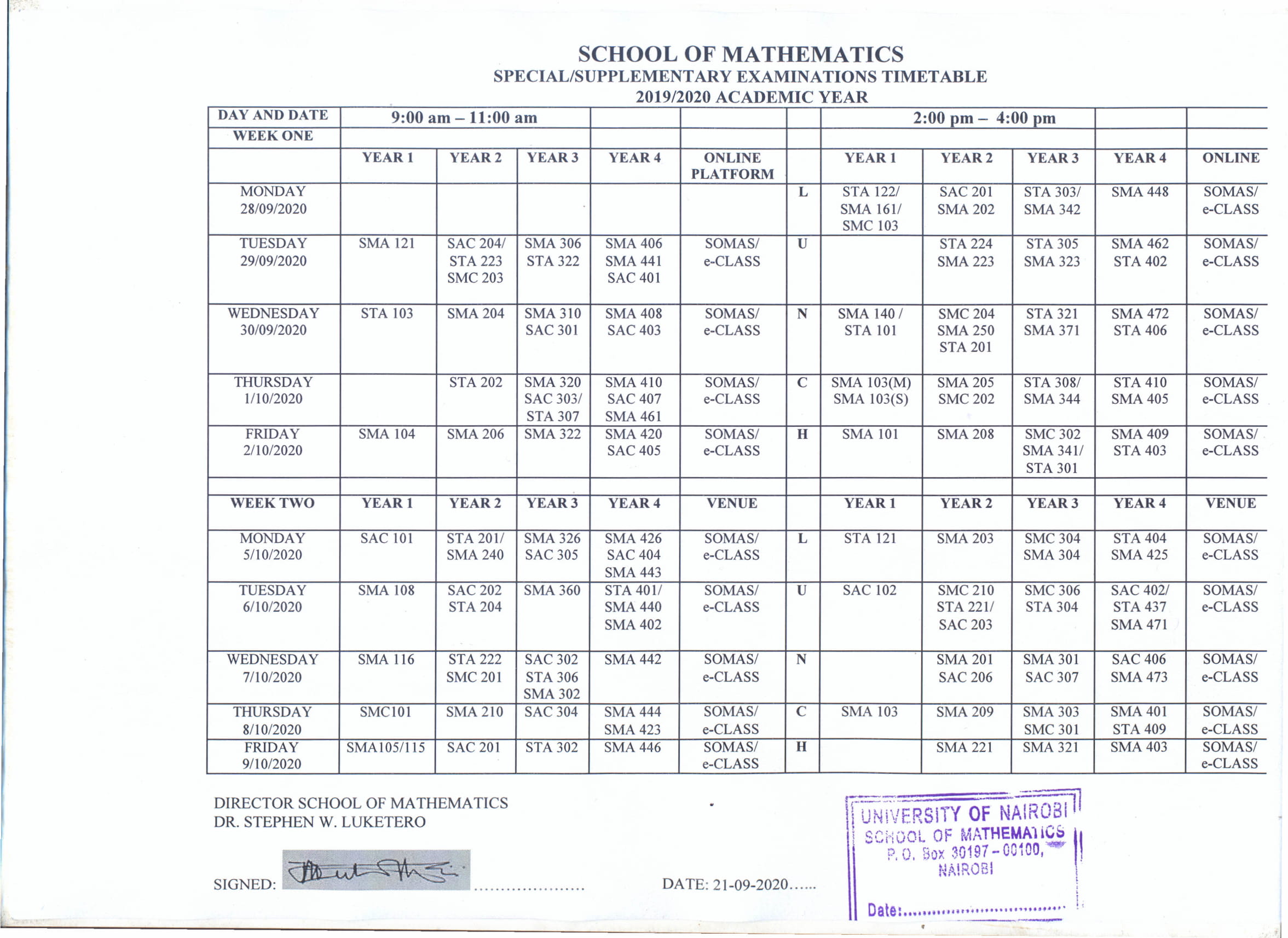  special/supplementary examination Timetable-Under graduate