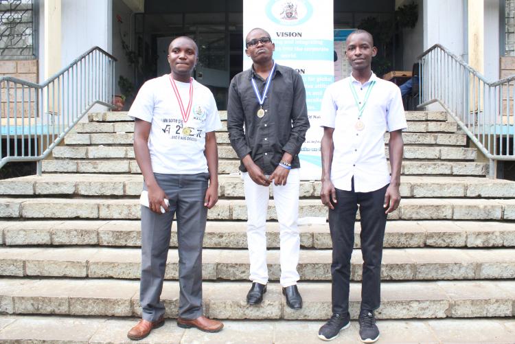 winners if the 1 st Varsity mathematics contest  Ben Tito Kyalo(L),Mumo Sammy(C),Kisenga Titus Muimi(R)